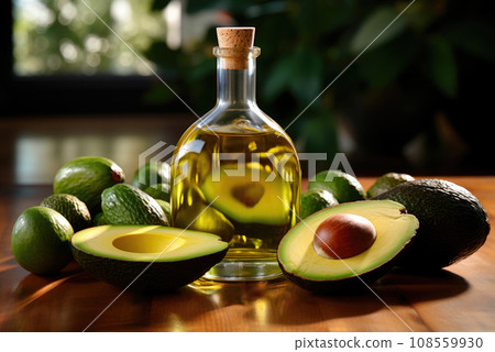 Vitamin avocado oil in a glass bottle on a table Vitamin avocado oil in a glass bottle on a table 108559930