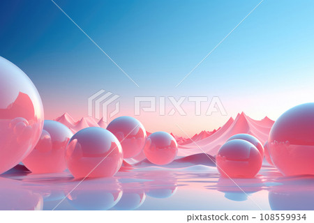 Futuristic mountain landscape background with bubbles and mirror surface for product presentation Futuristic mountain landscape background with bubbles and mirror surface for product presentation 108559934