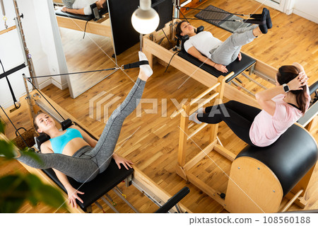 Group of women doing exercises during pilates reformer class 108560188