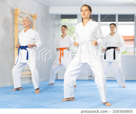 Group of women training karate techniques in studio 108560905
