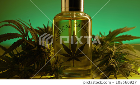 Glass bottle with cannabis THC tincture,herbal treatment.Pharmaceutical hemp oil Glass bottle with cannabis THC tincture,herbal treatment.Pharmaceutical hemp oil 108560927