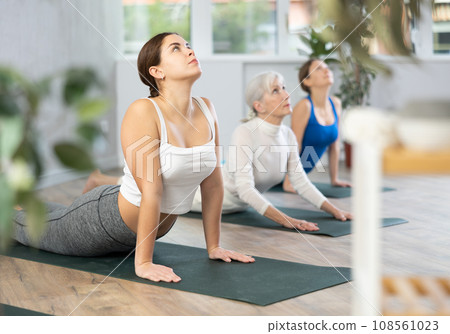 Girl doing Urdhva Mukha Shvanasana during group yoga workout 108561023