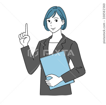A woman in a suit pointing with a smile 108561560