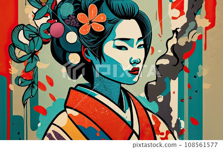 kimono female side view in graffiti background kimono female side view in graffiti background 108561577