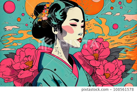 kimono female side view in graffiti background 108561578