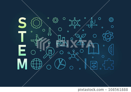 STEM colorful banner in outline style. Science concept linear horizontal illustration 108561888