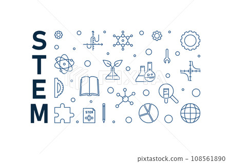 STEM minimal thin line blue banner - Science concept linear horizontal illustration STEM minimal thin line blue banner - Science concept linear horizontal illustration 108561890