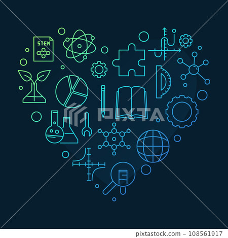 I Love STEM heart shaped colorful outline banner. Science illustration 108561917
