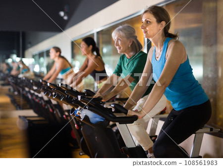 Elderly woman warming up on bike at gym 108561983