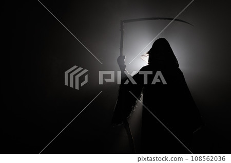 silhouette of death with a scythe. Dark reaper on a black background. Death Grim Reaper Costume for 108562036
