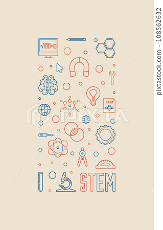 STEM - Science, Technology, Engineering and Math outline creative vertical banner. Vector linear Education illustration 108562632