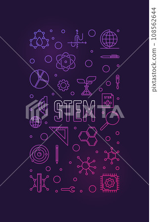 STEM concept vertical minimal linear purple banner. Science, technology, engineering, mathematics illustration STEM concept vertical minimal linear purple banner. Science, technology, engineering, mathematics illustration 108562644