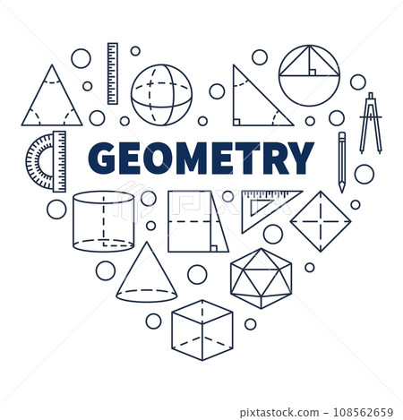 Geometry School Discipline vector concept heart-shaped outline banner. Heart with Geometric Shapes symbols illustration Geometry School Discipline vector concept heart-shaped outline banner. Heart with Geometric Shapes symbols illustration 108562659