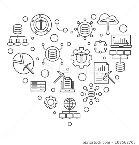 Data Mining concept vector line minimal heart shaped banner. Technology linear illustration 108562705