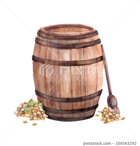 Wine barrel and winemaking accessories, crusher, bunches of grapes, grapevine. Watercolor hand draw Illustration isolated on white background for your label winemaking print, menu, wine list, sticker Wine barrel and winemaking accessories, crusher, bunches of grapes, grapevine. Watercolor hand draw Illustration isolated on white background for your label winemaking print, menu, wine list, sticker 108563292