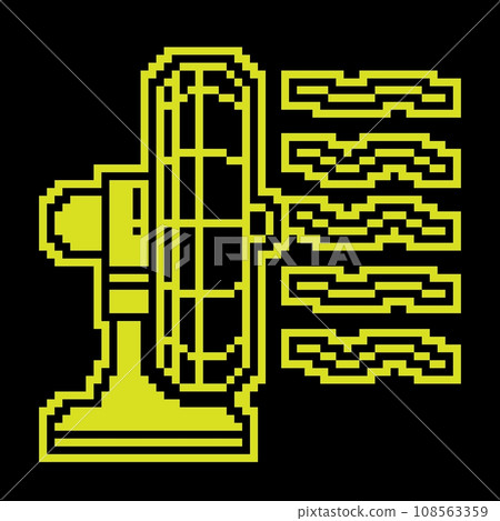 Pixel silhouette icon, electric fan for cooling room side view. Maintaining comfortable temperature in room. Simple black and yellow vector Pixel silhouette icon, electric fan for cooling room side view. Maintaining comfortable temperature in room. Simple black and yellow vector 108563359