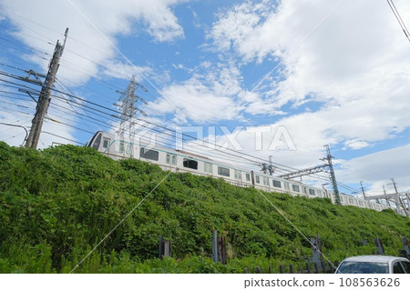 Blue sky and Denentoshi Line train Blue sky and Denentoshi Line train 108563626