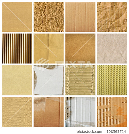 Brown and beige colored corrugated cardboard pieces detail, cardboard collage Brown and beige colored corrugated cardboard pieces detail, cardboard collage 108563714