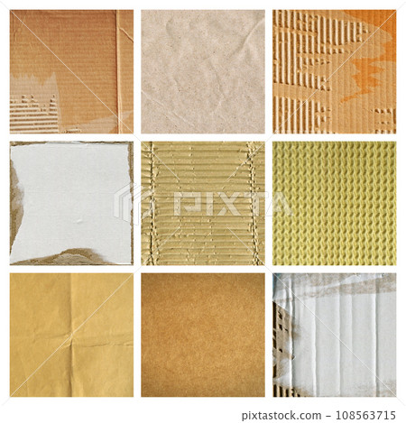 Brown and beige colored corrugated cardboard pieces detail, cardboard collage 108563715