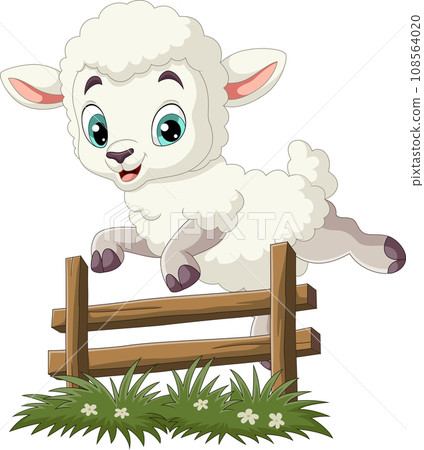 Cartoon sheep jumping over the fence 108564020