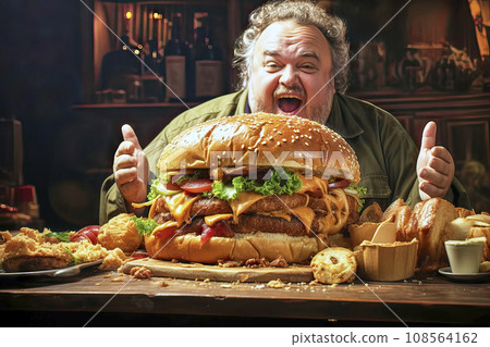 Bearded older man rejoices over a gigantic burger standing in front of him on the table 108564162