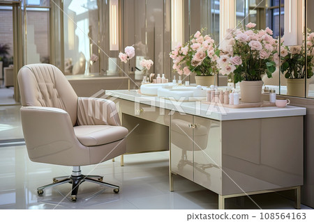 Pink chair and treatment chair at a white table with a mirror in a bright and pastel-colored beauty salon 108564163