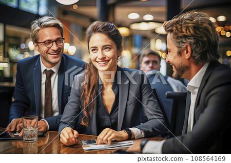 Smiling Young Businesswoman in Dark Suit Among Older Men at a Table 108564169