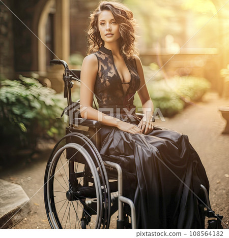 Pretty Disabled Young Woman in a Black Lace Dress Sitting in a Wheelchair in a Sunny Garden Pretty Disabled Young Woman in a Black Lace Dress Sitting in a Wheelchair in a Sunny Garden 108564182