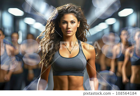 Young Confident Woman with Wild Hair and Sports Bra in a Gymnasium with Blurry Fellow Sportswomen Young Confident Woman with Wild Hair and Sports Bra in a Gymnasium with Blurry Fellow Sportswomen 108564184