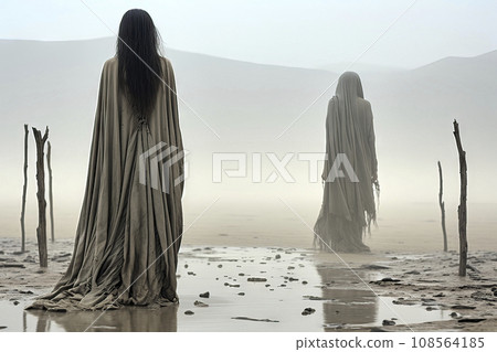 Misty, monotonous, boring landscape with two figures in long cloaks gazing at a faintly visible mountain range in the far distance Misty, monotonous, boring landscape with two figures in long cloaks gazing at a faintly visible mountain range in the far distance 108564185