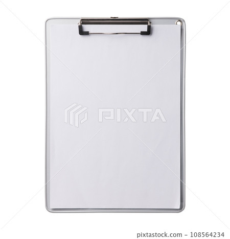 Silver clipboard with clip at the top for papers. Single clipboard, writing board with papers. Realistic, photography, isolated on white background. Silver clipboard with clip at the top for papers. Single clipboard, writing board with papers. Realistic, photography, isolated on white background. 108564234