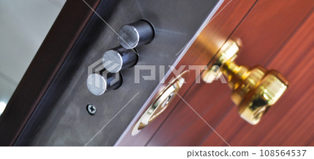 Modern wooden looking steel door, security lock system 108564537