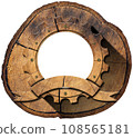 Wooden Cogwheel or Gear with Empty Ribbon above a Tree Trunk 108565181