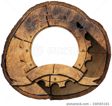 Wooden Cogwheel or Gear with Empty Ribbon above a Tree Trunk Wooden Cogwheel or Gear with Empty Ribbon above a Tree Trunk 108565181