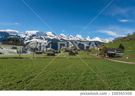 The snowy Churfirsten mountains in the Swiss Alps, Toggenburg, Canton St. Gallen, Switzerland 108565508