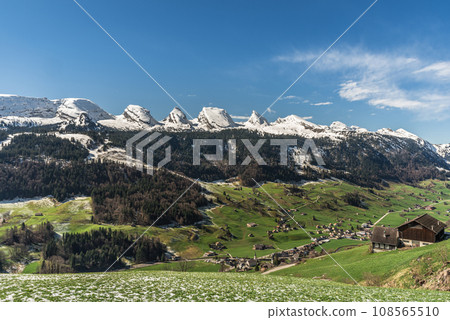 The snowy Churfirsten mountains in the Swiss Alps, Toggenburg, Canton St. Gallen, Switzerland The snowy Churfirsten mountains in the Swiss Alps, Toggenburg, Canton St. Gallen, Switzerland 108565510