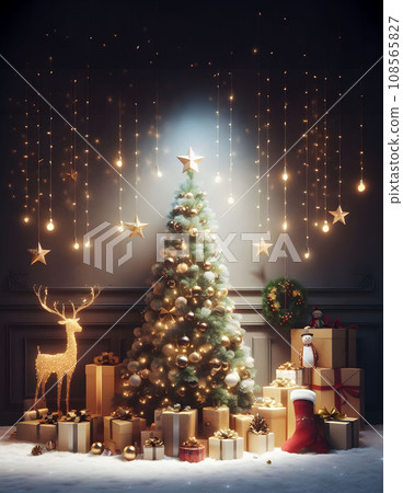 mesmerizing Christmas decoration with Christmas tree, reindeer lighting, gif boxes and string lights from ceiling, AI-generative 108565827