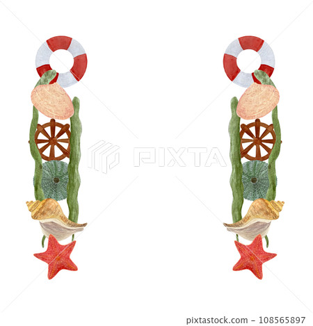 Watercolor fun sea life frame isolated on white Watercolor fun sea life frame isolated on white 108565897