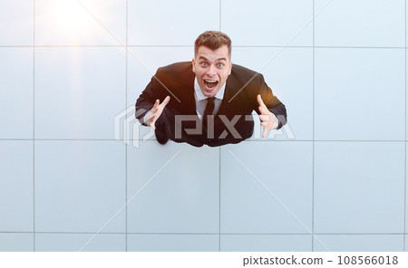 Celebrating success. Low angle view of excited young businessman keeping arms 108566018