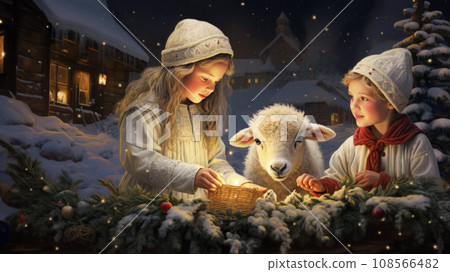 A charming little girls and a lamb celebrate Christmas, creating a heartwarming, festive atmosphere 108566482