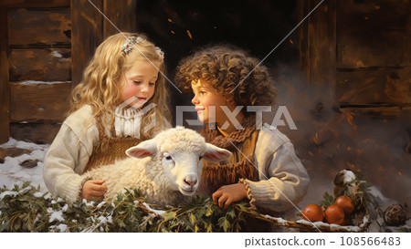 In the spirit of Christmas, a charming little girl and boy embraces a sweet lamb in a cozy holiday scene In the spirit of Christmas, a charming little girl and boy embraces a sweet lamb in a cozy holiday scene 108566483
