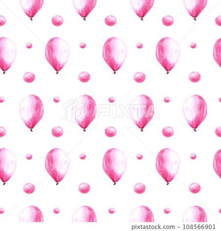 Pink air balloon seamless pattern with bubbles and peas. Its a baby girl, newborn birthday party Hand painted watercolor illustration isolated on white background for print cover, wrapping, wallpaper. 108566901