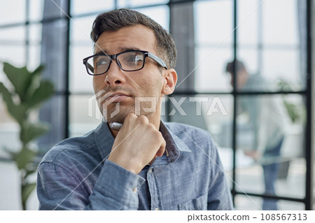 thoughtful male lost in thoughts make plans visualizing, business vision concept thoughtful male lost in thoughts make plans visualizing, business vision concept 108567313