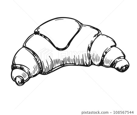 Croissant vector illustration in engraving style. Sweet bun for a traditional French breakfast. Hand drawn sketch of bakery croissant icon for menu, label and packaging design, logo, emblem. Croissant vector illustration in engraving style. Sweet bun for a traditional French breakfast. Hand drawn sketch of bakery croissant icon for menu, label and packaging design, logo, emblem. 108567544