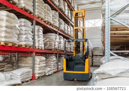 Forklift in food storage warehouse Forklift in food storage warehouse 108567721
