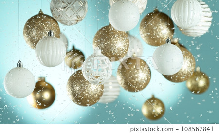Christmas Holiday Balls with Falling Snow Flakes. 108567841