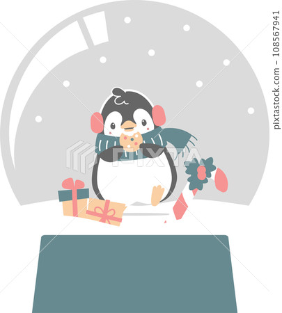 merry christmas and happy new year with cute penguin, cookie, gift box, candy cane in crystal ball, flat png transparent element cartoon character design 108567941