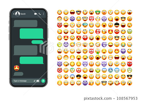Smartphone messaging app, user interface with emoji. SMS text frame. Chat screen, green message bubbles. Texting app for communication. Social media application. Dark mode. Vector illustration Smartphone messaging app, user interface with emoji. SMS text frame. Chat screen, green message bubbles. Texting app for communication. Social media application. Dark mode. Vector illustration 108567953
