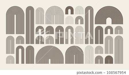 Mid century arch elements, modern geometric shapes. Contemporary design, minimalist art. Trendy design elements for wall decor, posters, books, covers and flyers. Vector illustration Mid century arch elements, modern geometric shapes. Contemporary design, minimalist art. Trendy design elements for wall decor, posters, books, covers and flyers. Vector illustration 108567954