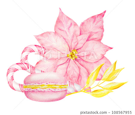 Pink poinsettia, gold branch, New Year's candy canes, macaron. Watercolor hand drawn clip art with Christmas star. Winter symbol for holiday season prints, greeting cards, banner, invitation, poster Pink poinsettia, gold branch, New Year's candy canes, macaron. Watercolor hand drawn clip art with Christmas star. Winter symbol for holiday season prints, greeting cards, banner, invitation, poster 108567955